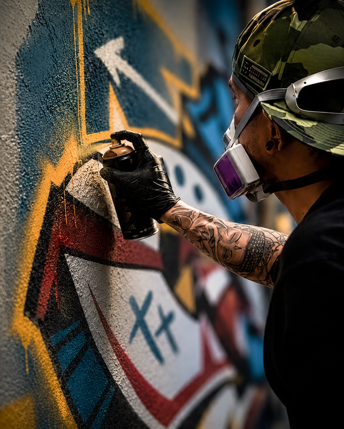 The artist spraying graffiti on a wall